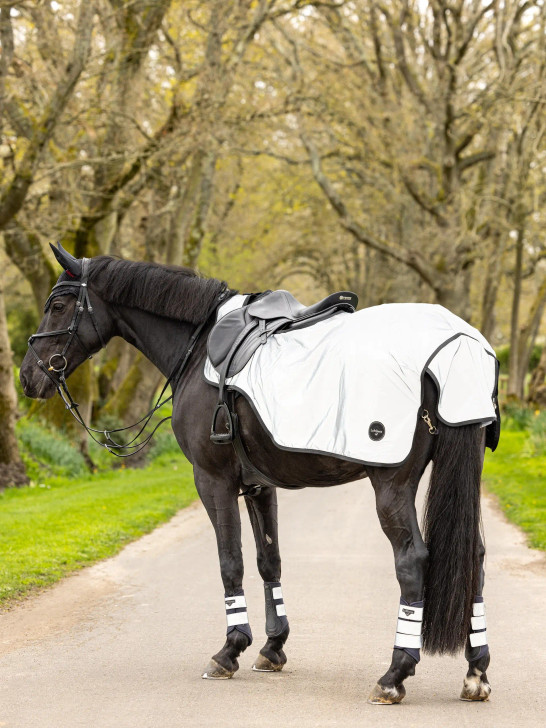 This innovative exercise sheet with super soft teddy fleece lining features a waterproof, reflective outer shell perfect for both schooling and hacking. It provides excellent protection from the elements, keeping your horse visible, warm and dry.

The exercise sheet is easy to fit and fasten with its wrap-around style, using a hook and loop closure over the withers. Cut away from the girth area, it allows maximum rider contact, while the PU leather girth protection area protects the lightweight shell fabric, ensuring durability.

The adjustable fillet string and generous tail flap help you be seen from the rear.

Smart, durable and versatile, it's an essential part of any rider's kit.

*This item passes rigorous testing to use reflective claims, however, for riders’ safety, always ensure additional appropriate fluorescent hi-viz protection is worn in addition to this item for full visibility.*