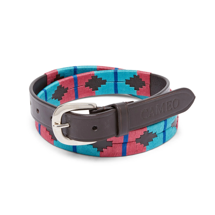 The new fashionable leather polo belt features a fun aztec embroidered design and silver buckles.
