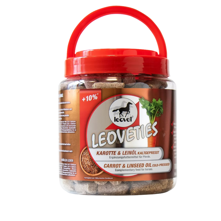 Free from artificial flavourings and full of natural fibre, vitamins and minerals. The leoveties with carrot and cold-pressed linseed oil are particularly tasty and are available in a practical, reusable 1100g tin.