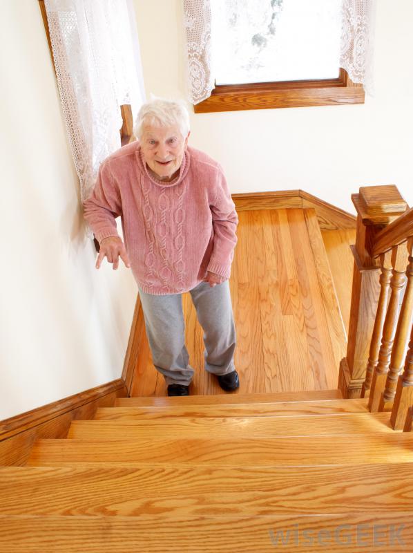 elderly woman out of breath on stairs