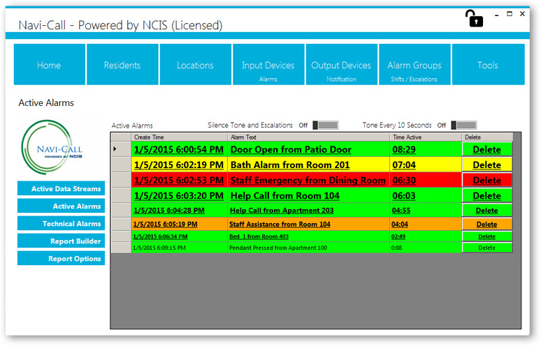 nurse call alarm screen