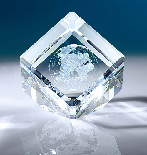 3D Slanted Cube Crystal 3D World Globe Award - 4" x 4"