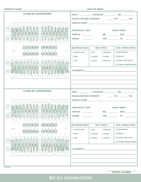 Recall Exam Charting form 1-sided PMS 349 green 8-1/2" 11" 2-hole punched top (100/PK) Recall Exam Charting form 1-sided PMS 349 green 8-1/2" 11" 2-hole punched top (100/PK)