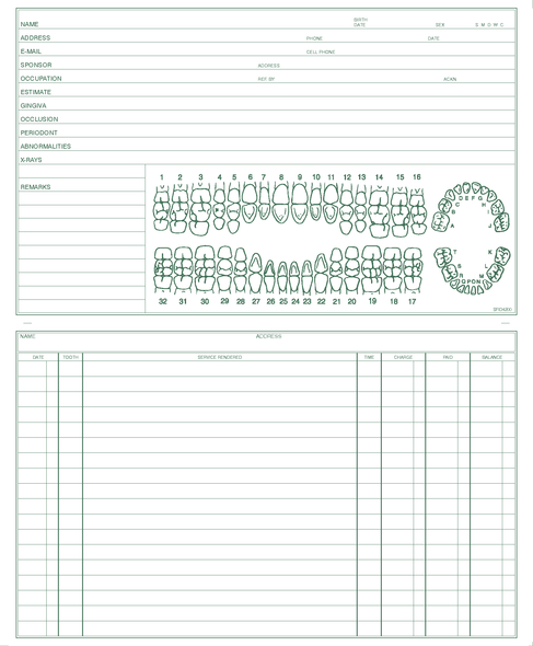 Dental Patient Record form PMS 349 green 8-1/4" x 10" (8-1/4" x 5" folded) (100/PK) Page 1 Dental Patient Record form PMS 349 green 8-1/4" x 10" (8-1/4" x 5" folded) (100/PK) Page 1