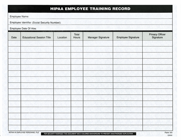 HIPAA Employee Training Record - 25/Pkg