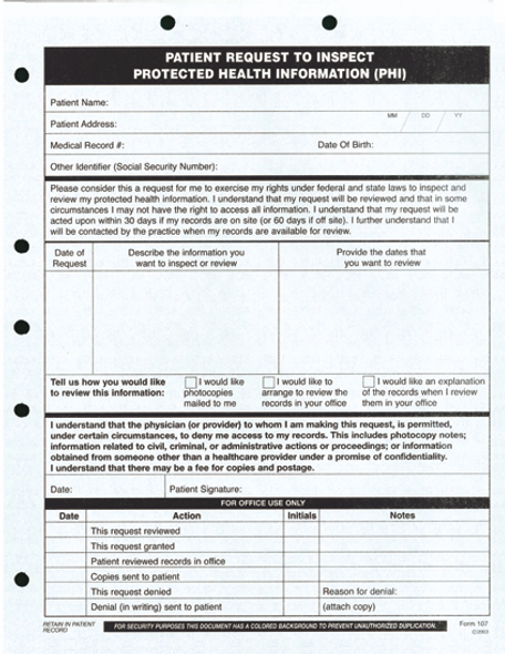 Patient Request to Inspect/Review PHI -100/Pkg