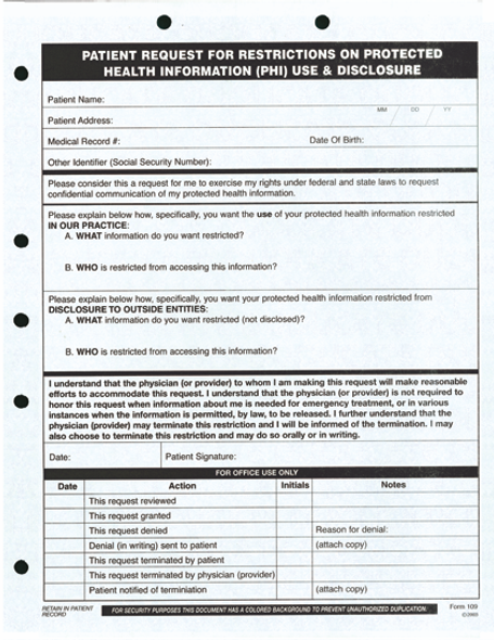 Patient Request for Restrictions on Use and Disclosure of PHI - 100/Pkg