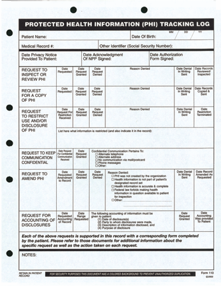 PHI Tracking Log  - 100/Pkg