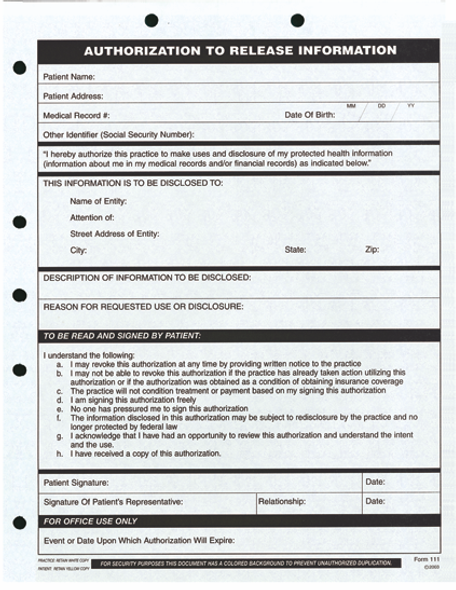 Authorization to Release Information -100 Pkg Authorization to Release Information -100 Pkg
