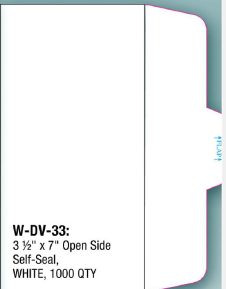 3 1/2 W' x 7" Open Side Self-Seal, WHITE, 1000 QTY 3 1/2 W' x 7" Open Side Self-Seal, WHITE, 1000 QTY
