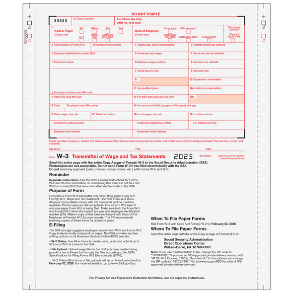 Form W-3 Transmittal Employers Federal 2-part (Carbonless) Form W-3 Transmittal Employers Federal 2-part (Carbonless)