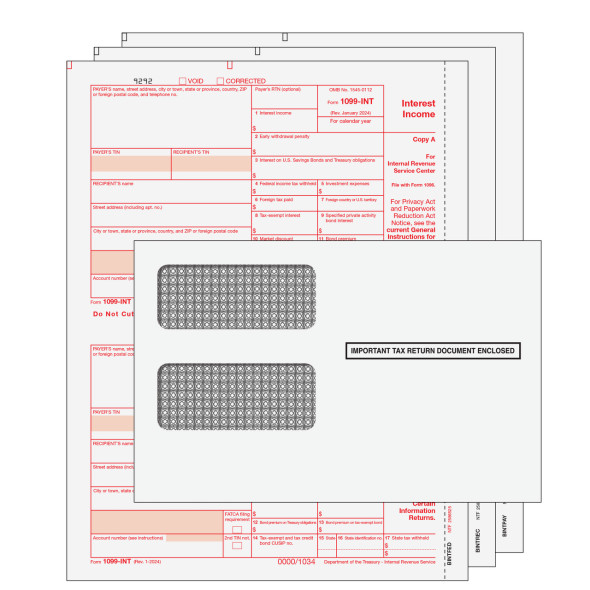 1099-INT Interest Income Preprinted 3-Part Kit (with Moisture Seal Envelopes) 1099-INT Interest Income Preprinted 3-Part Kit (with Moisture Seal Envelopes)