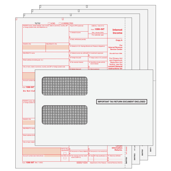 1099-INT Interest Income Preprinted 4-Part Kit (with Moisture Seal Envelopes) 1099-INT Interest Income Preprinted 4-Part Kit (with Moisture Seal Envelopes)