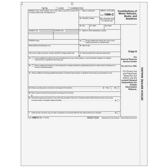 Form 1098-C - Contributions of Motor Vehicles, Boats, and Airplanes - Copy A Federal Form 1098-C - Contributions of Motor Vehicles, Boats, and Airplanes - Copy A Federal