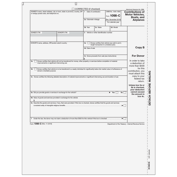 Form 1098-C - Contributions of Motor Vehicles, Boats, and Airplanes - Copy B Donor Form 1098-C - Contributions of Motor Vehicles, Boats, and Airplanes - Copy B Donor