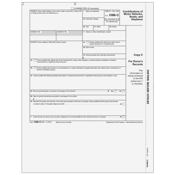 Form 1098-C - Contributions of Motor Vehicles, Boats, and Airplanes - Copy C Donor's Records Form 1098-C - Contributions of Motor Vehicles, Boats, and Airplanes - Copy C Donor's Records