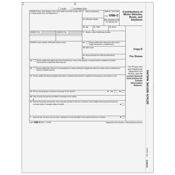Form 1098-C - Contributions of Motor Vehicles, Boats, and Airplanes - Copy D Donee Form 1098-C - Contributions of Motor Vehicles, Boats, and Airplanes - Copy D Donee