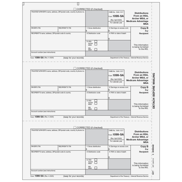 Form 1099-SA Distributions from an HSA, Archer MSA, Or Medicare Advantage MSA - Copy B Recipient Form 1099-SA Distributions from an HSA, Archer MSA, Or Medicare Advantage MSA - Copy B Recipient