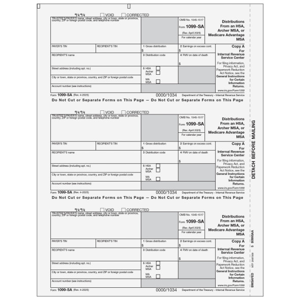 Form 1099-SA Distributions from an HSA, Archer MSA, Or Medicare Advantage MSA - Copy A Federal Form 1099-SA Distributions from an HSA, Archer MSA, Or Medicare Advantage MSA - Copy A Federal