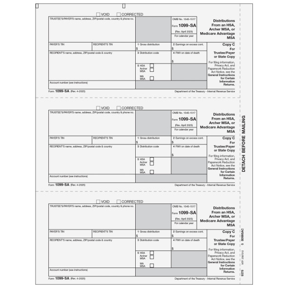 Form 1099-SA Distributions from an HSA, Archer MSA, Or Medicare Advantage MSA - Copy C Payer Form 1099-SA Distributions from an HSA, Archer MSA, Or Medicare Advantage MSA - Copy C Payer