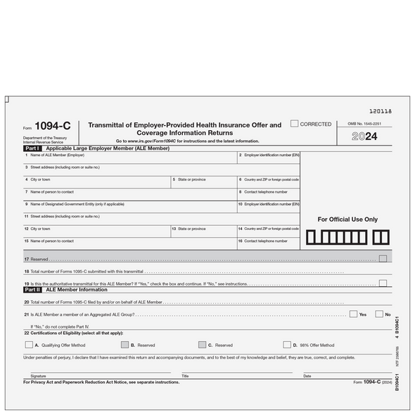 Form 1094-C - Transmittal of Employer-Provided Health Insurance Offer and Coverage Information Returns (Page 1) Form 1094-C - Transmittal of Employer-Provided Health Insurance Offer and Coverage Information Returns (Page 1)