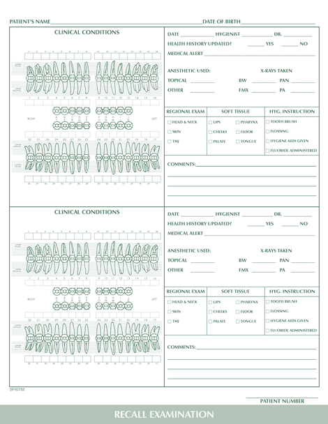 Recall Exam Charting form 1-sided PMS 349 green 8-1/2" 11" 2-hole punched top (100/PK)