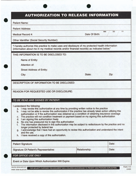 Authorization to Release Information -100 Pkg