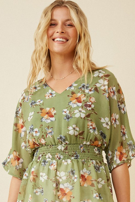 Women Floral Smocked Waist V Neck Dolman