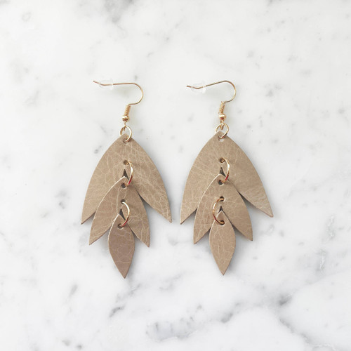 Genuine Leather Leaf Earring - Taupe