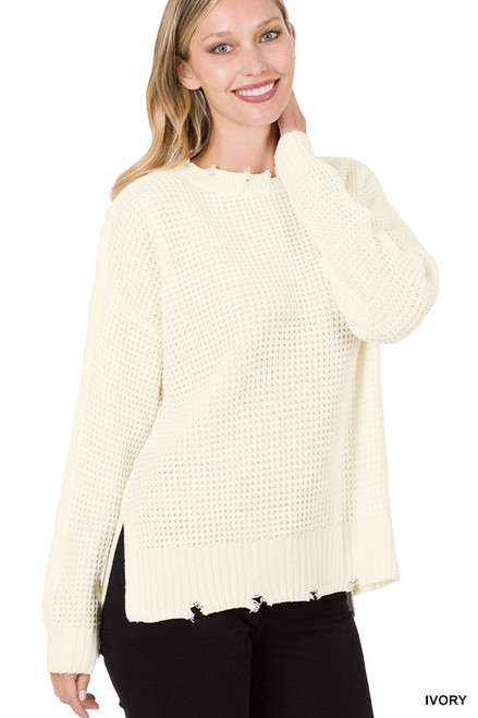 Cream Tattered Waffle Sweater