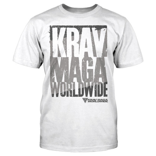 Krav Maga KM Athletic Tee by Revgear, white t-shirt featuring 'Krav Maga Worldwide' text on the chest