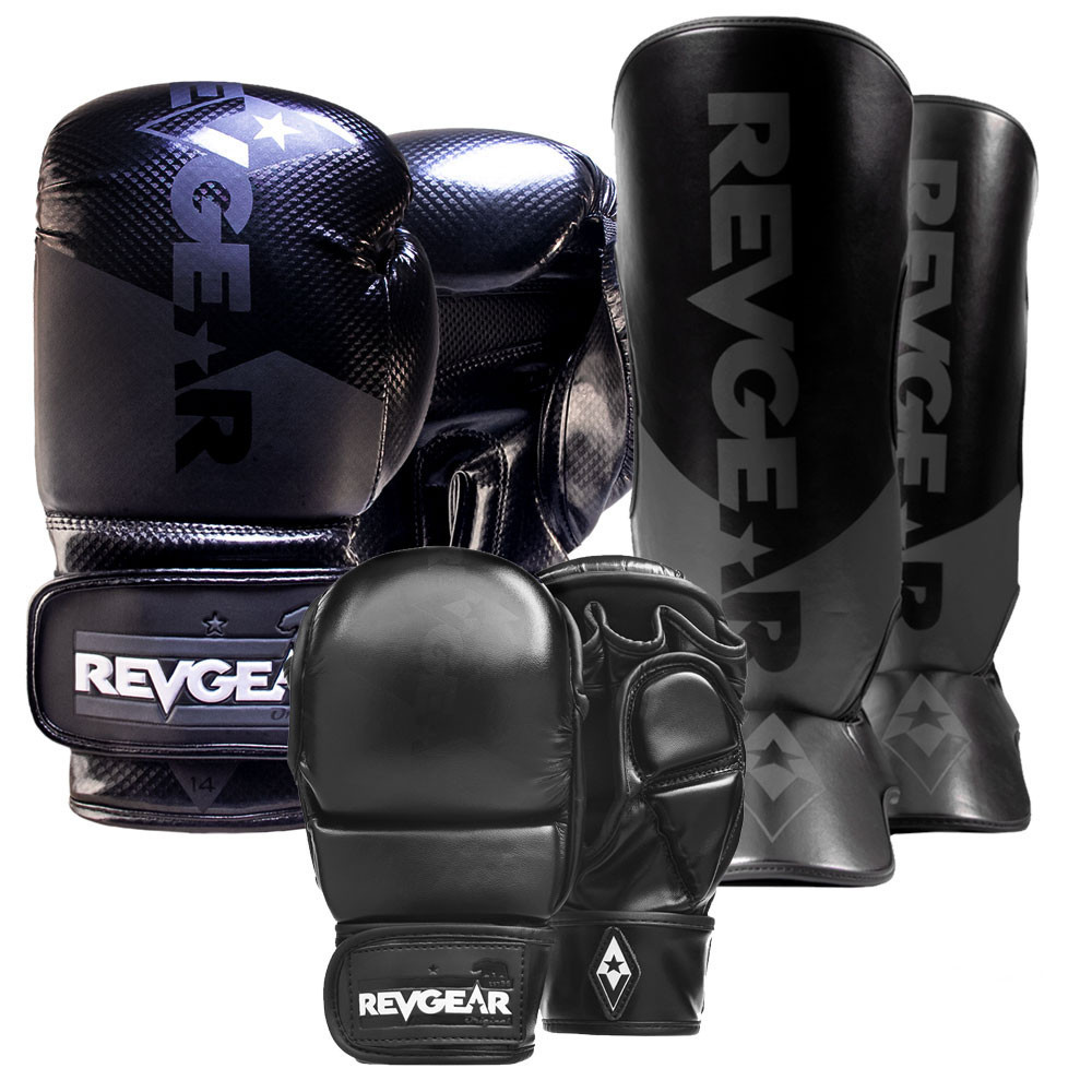 Image of Pinnacle P4 Boxing Gloves 16oz, Pinnacle MMA Gloves Large and Pinnacle Shin Guards Large- Black/Black Bundle