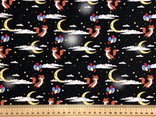 Rose and Hubble - Foxes with balloons flying to the moon on black - 100% cotton poplin fabric - Scale