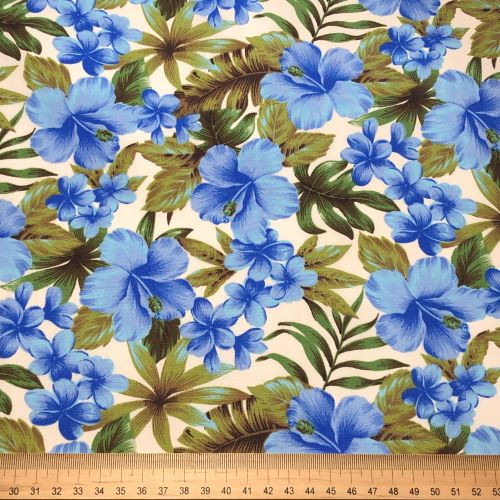 Rose and Hubble Tropical Blue Hibiscus/ Florals - 100% Cotton Poplin - Scale