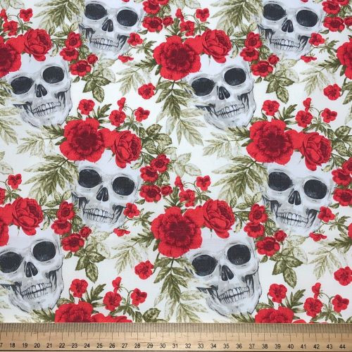 Rose and Hubble Skulls and Florals on Ivory - 100% Cotton Poplin - Scale