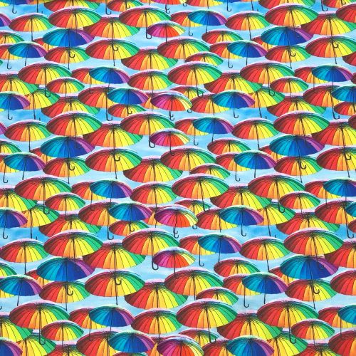 Multicolour umbrellas  against a sky background digital print  - 100% cotton fabric extra wide - Close Up