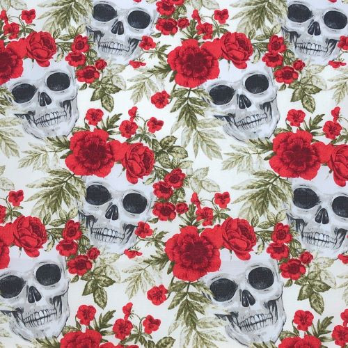 Rose and Hubble Skulls and Florals on Ivory - 100% Cotton Poplin - Close Up
