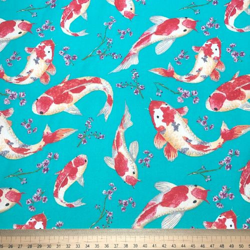 Rose and Hubble Koi Carp on Jade - 100% Cotton Poplin - Scale
