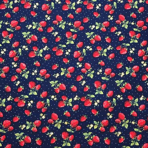 Rose and Hubble Strawberries on Navy - 100% Cotton Poplin - Close Up