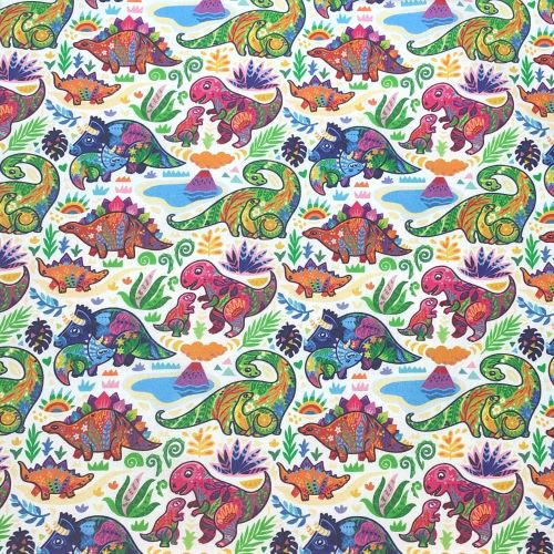 Multicolour dinosaurs on ecru digital print  - 100% cotton fabric extra wide - Close Up