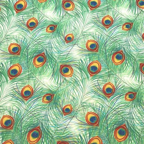 John Louden fabric. Peacock Feathers in Greens - 100% cotton fabric - Close Up