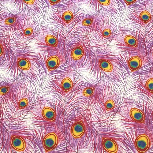 John Louden fabric. Peacock Feathers in Pinks and Purples - 100% cotton fabric - Close Up