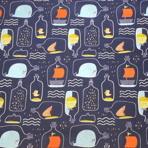 John Louden fabric. Bottle Post Navy - 100% cotton fabric extra wide - Close Up