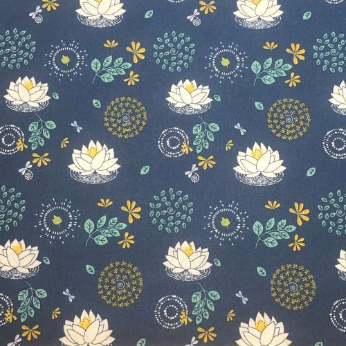 Organic cotton - Lotus flowers on deep blue - 100% cotton fabric extra wide - Close Up