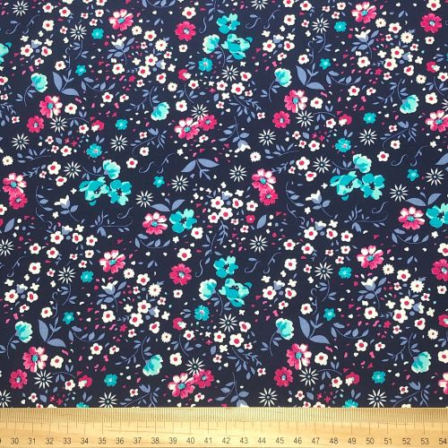 Rose and Hubble Pink and Blue Flowers on Navy - 100% Cotton Poplin - Scale