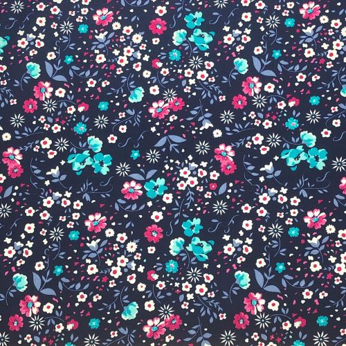 Rose and Hubble Pink and Blue Flowers on Navy - 100% Cotton Poplin - Close Up