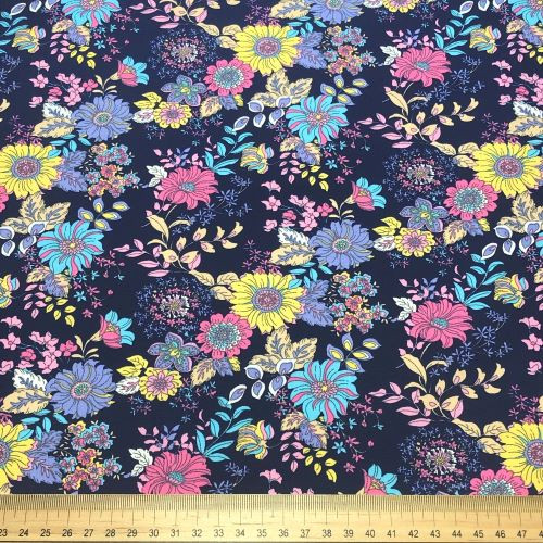 Rose and Hubble Multicolour Whimsical Florals on Navy - 100% Cotton Poplin - Scale
