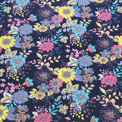 Rose and Hubble Multicolour Whimsical Florals on Navy - 100% Cotton Poplin - Close Up