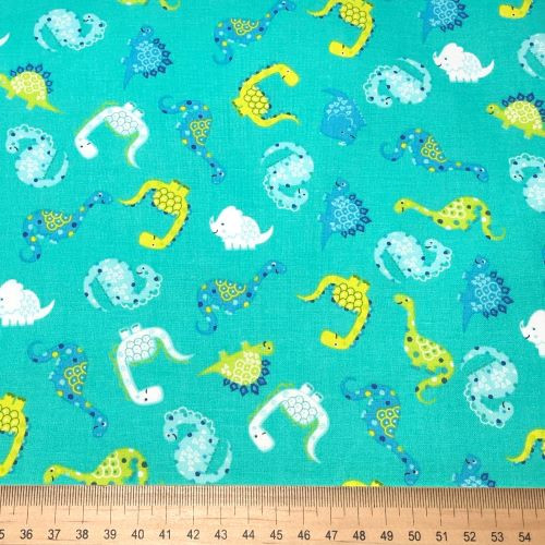 Scattered Dinosaurs on Turquoise - 100% cotton fabric - Scale