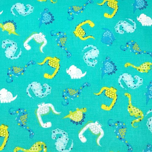 Scattered Dinosaurs on Turquoise - 100% cotton fabric - Close Up